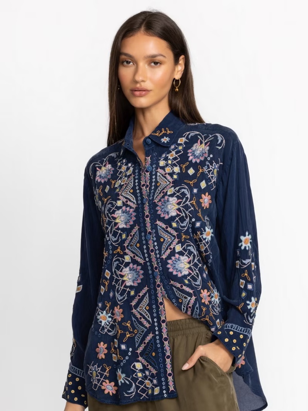 Johnny Was Navy Blue MacKenzie Embroidered Blouse NWT